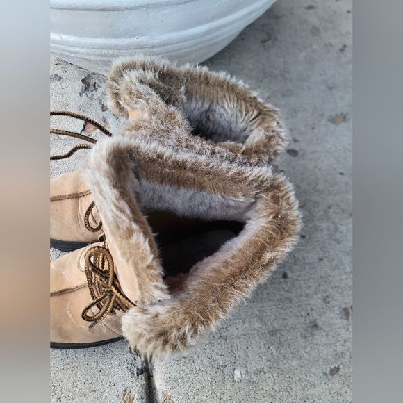 Vintage 90s Chunky Skechers Womens Boots Platform Tan Leather Lace Fur Y2K Sz 7 - Picture 4 of 12